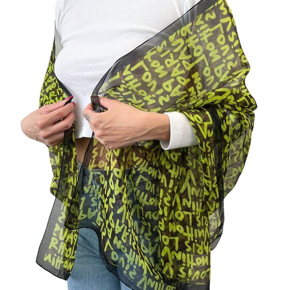 LOUIS VUITTON Vintage LV Monogram Logo Graffiti Scarf Green Brown Silk [106311] - Picture 2 of 10